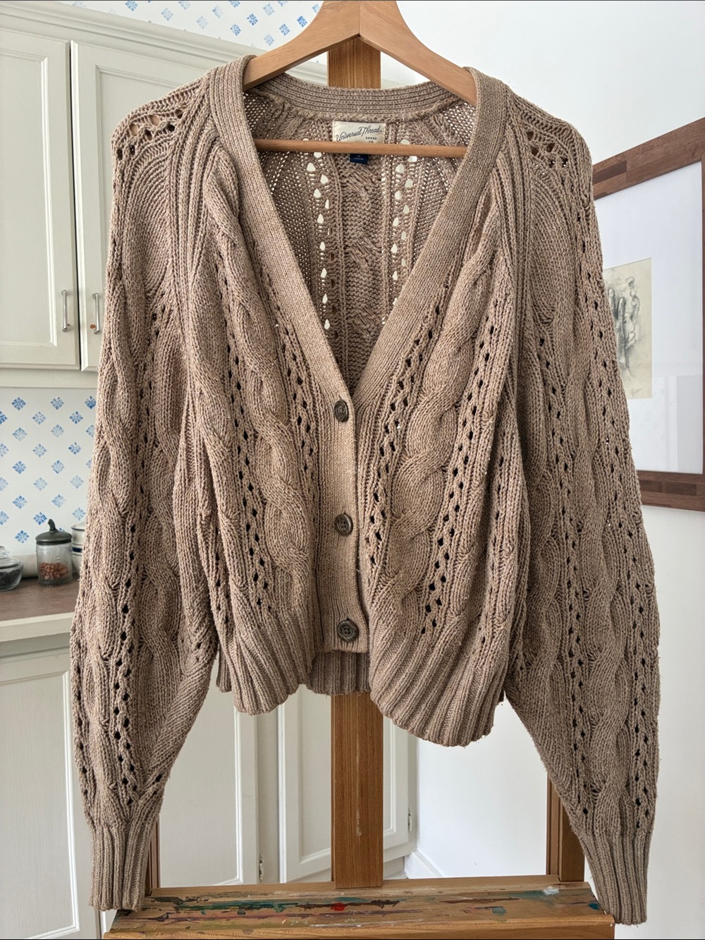 Universal Thread Taupe Cable Knit Openwork Button Cardigan